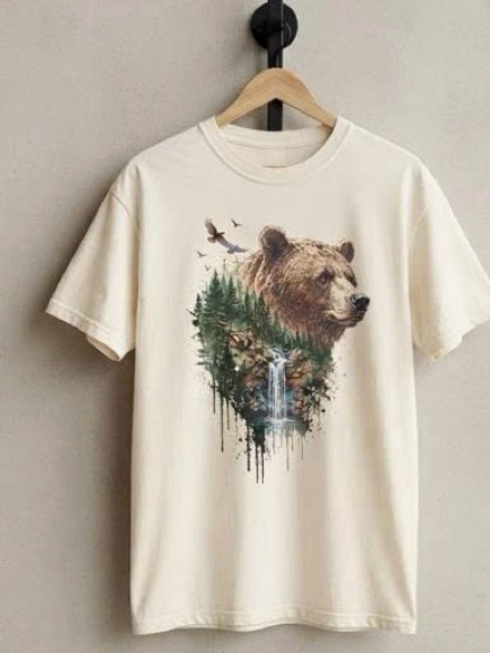 Cream Short Sleeve Tee with Bear and Forest Graphic